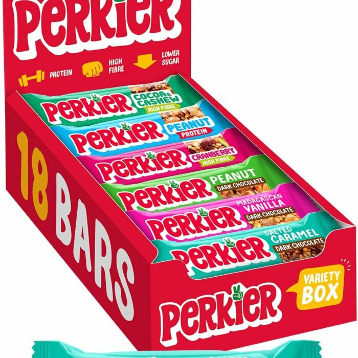 【Flash Sale】Perkier Variety Box (18 bars), Vegan, Gluten Free, Protein, Lower Sugar, Healthy Snacks for Adults, Low Calorie, Halal, Breakfast Bar, High Fibre, Nut, Cereal, Gut Health, Multipack, Plant Based