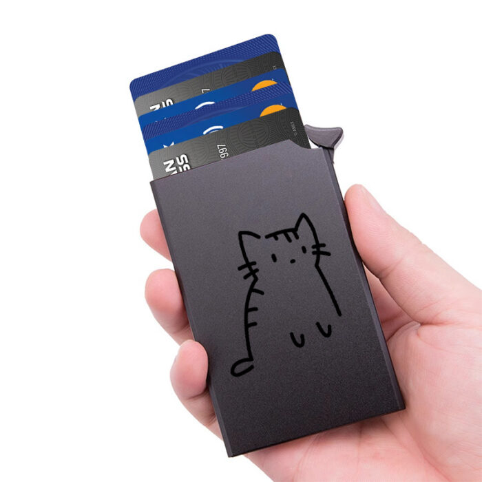 Slim RFID-Blocking Aluminum Wallet for Men & Women - Black with Cute Cat Design, Pop-Up Card Holder, Anti-Theft Protection, Ideal for Business Credit Cards, Small Wallet
