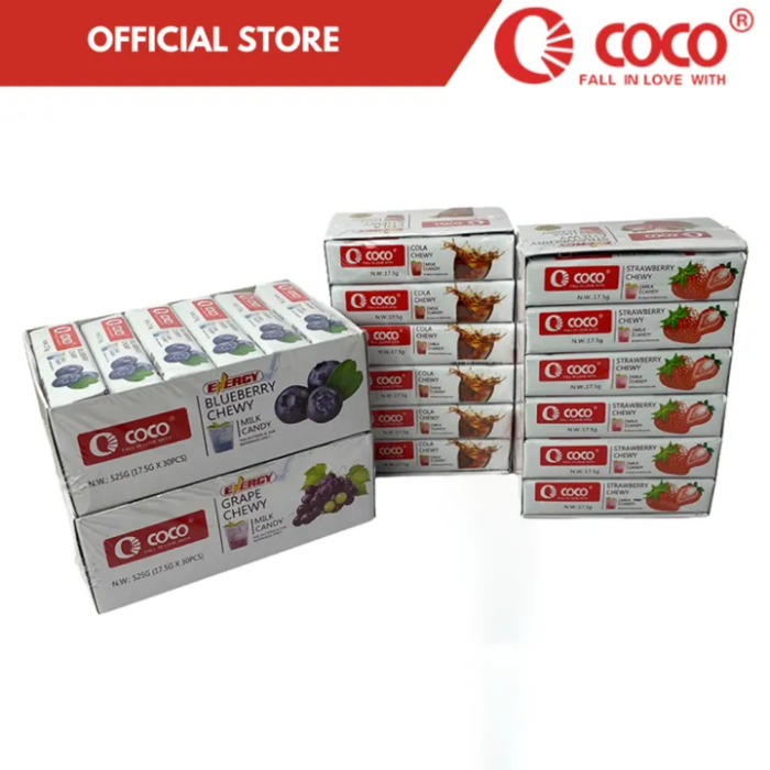 coco fruity chewy milk candy-30 tubes 5pcs candy in a tube-New packaging of the paper box-FOUR flavors grapes strawberry pineapple blueberry cola Snack Sweet Candies Soft Bonbon